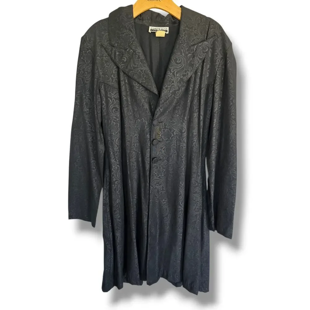 CONTEMPO CASUALS Vintage Black Damask Floral Jacquard Longline Blazer Small - Picture 2 of 7